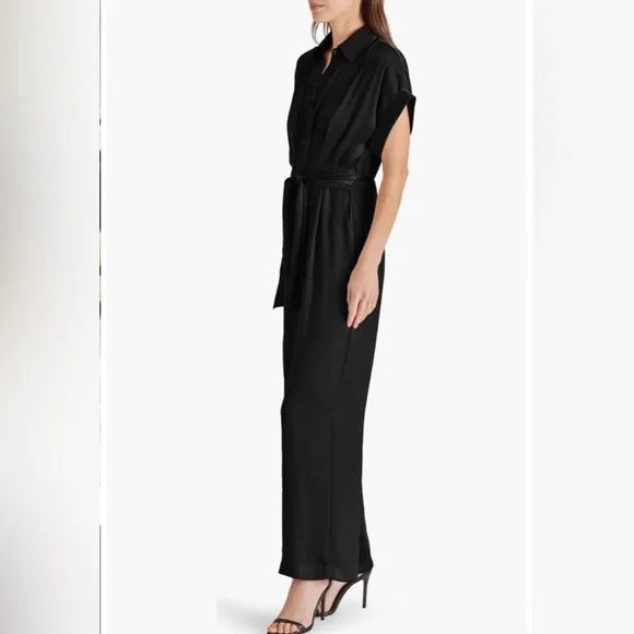Steve Madden Tori Tie Waist‎ Wide Leg Satin Black Jumpsuit Size XS NWOT - Picture 3 of 16